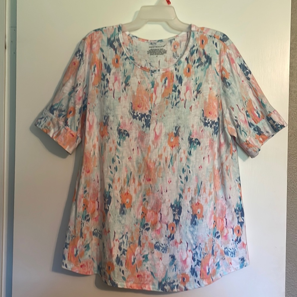 Westbound cotton knit short sleeve top . Pretty pastel floral and abstract print